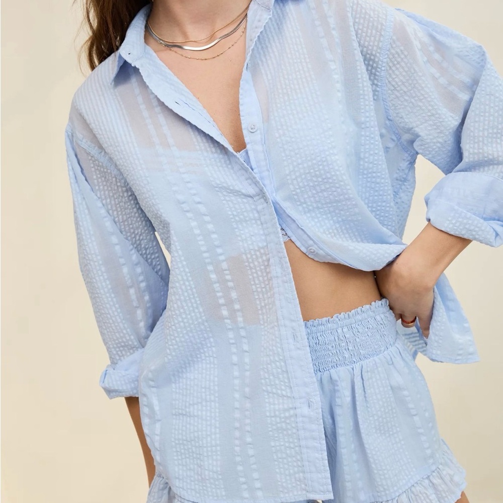 Aerie Blue Seersucker Coverup Shirt Medium Oversized Button Down Beachy